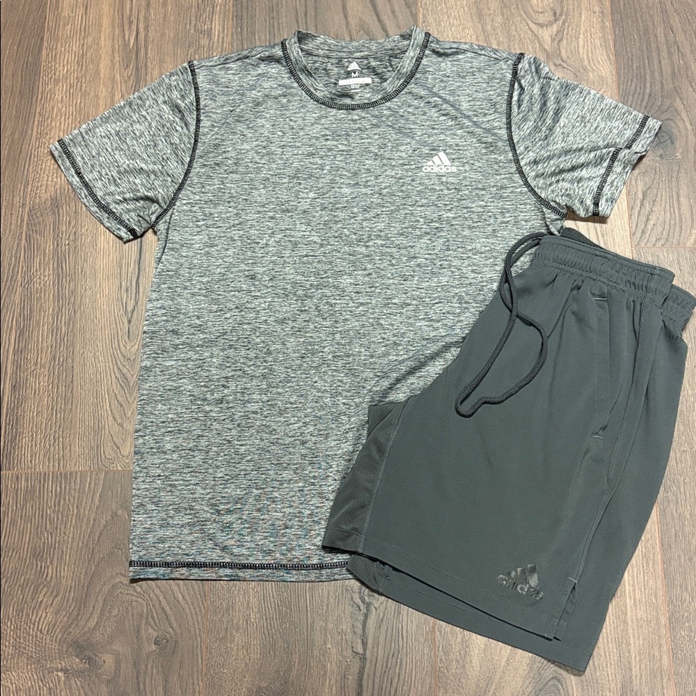 Adidas Set - Charcoal Men's Athletic Shorts and heathered grey dry fit tee - M